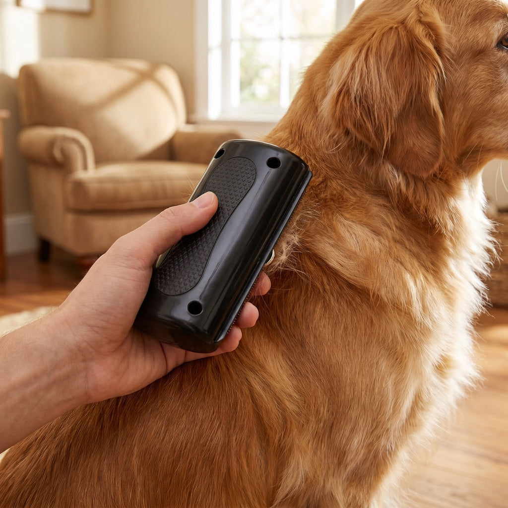 Hand using the Pawfectly Grooming Comb on a golden retriever's neck and back