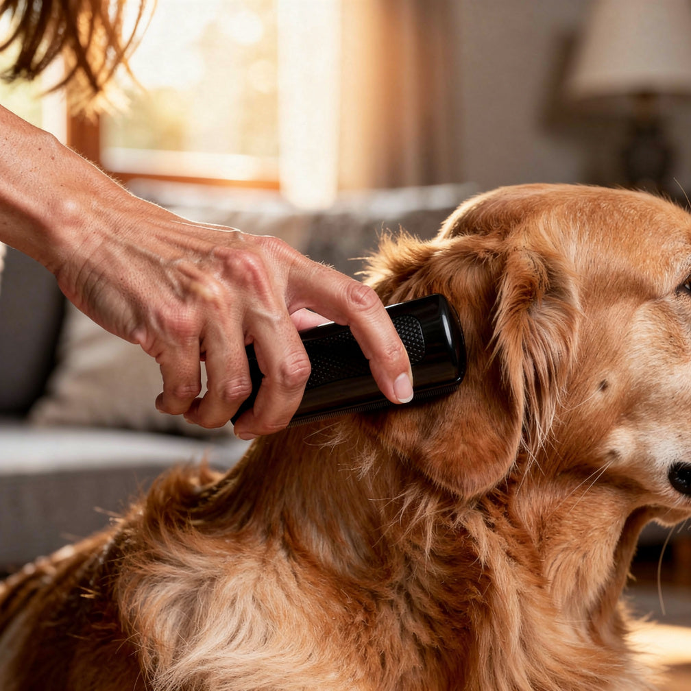 Hand actively combing a golden retriever's fur with the Pawfectly Grooming Comb, shown at its real small size