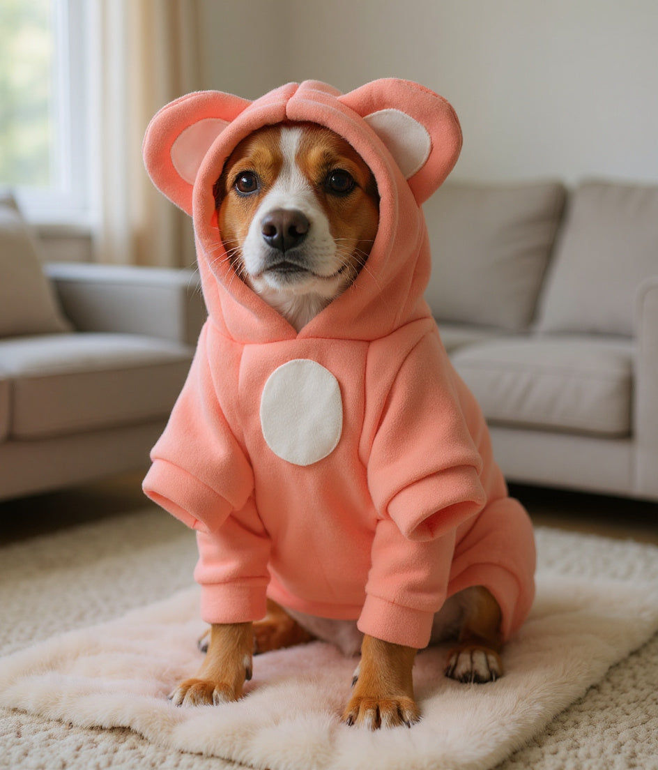 The real Pawfectly Cozy Hoodie worn by a dog, warm and content at home after grooming