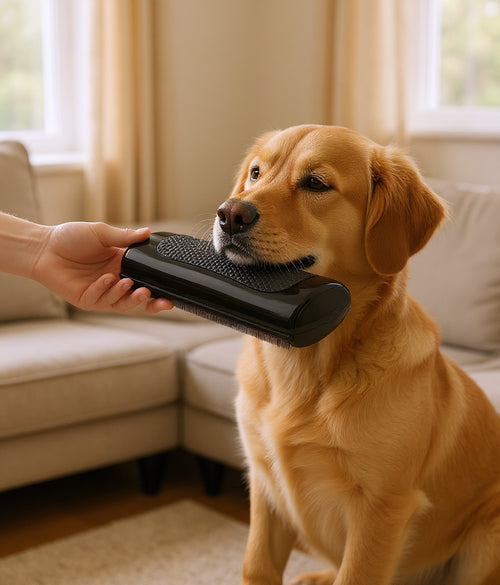 The real Pawfectly Grooming Comb in use, dog leaning happily into a gentle deshedding session at home