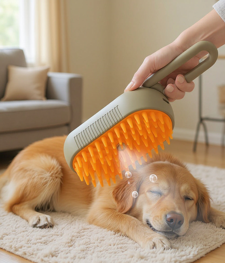 The real Pawfectly Massage Brush in use, dog relaxed and eyes closed during a warm grooming session at home